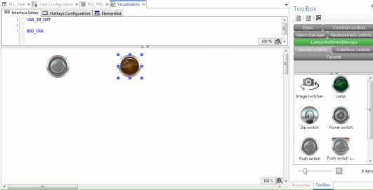 VISUALISERING Låt oss koppla variabler mellan visu och Programmeringsmiljön Dra in en knapp och