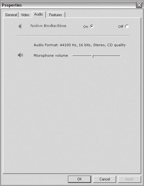 WebCam-inställningar Audioinställningar SV & * & Noise reduction (Brusreducering) Om du aktiverar brusreduceringen minskas det buller som registreras av webbkamerans mikrofon betydligt, t.ex.