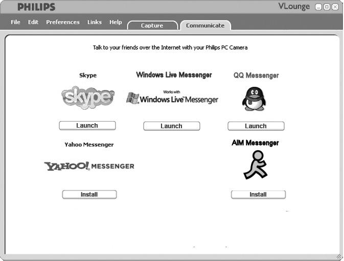 Chapter Använda webkameran Instant Messaging och samtal över internet (videochatt, videosamtal och VoIP) Webkameran Philips SPC530NC fungerar med alla gratis Instant Messaging- och VoIP-applikationer