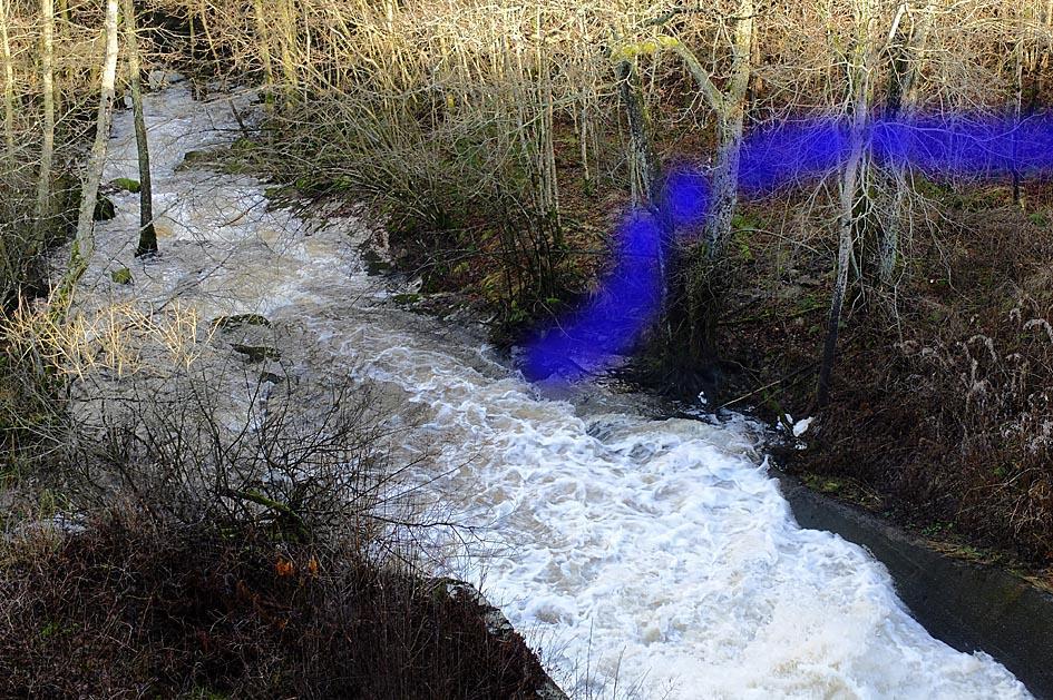 följa terrängen i en svacka där det rinner ut en bäck.