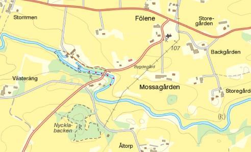 6 strömöversiktsnät Figur 15. Provfiskelokalen i Nossan var ca 200 m lång och hade en area på ca 3125 m 2 och provfiskades med 6 strömöversiktsnät (röda prickar) som resulterade i endast 1 abborre.