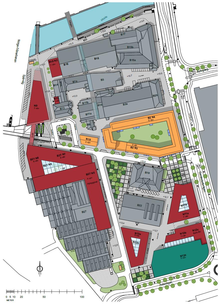 Bild 8: Situationsplan över planområdet. Befintliga byggnader är grå. Dessa hyser huvudsakligen kontor och verksamheter.