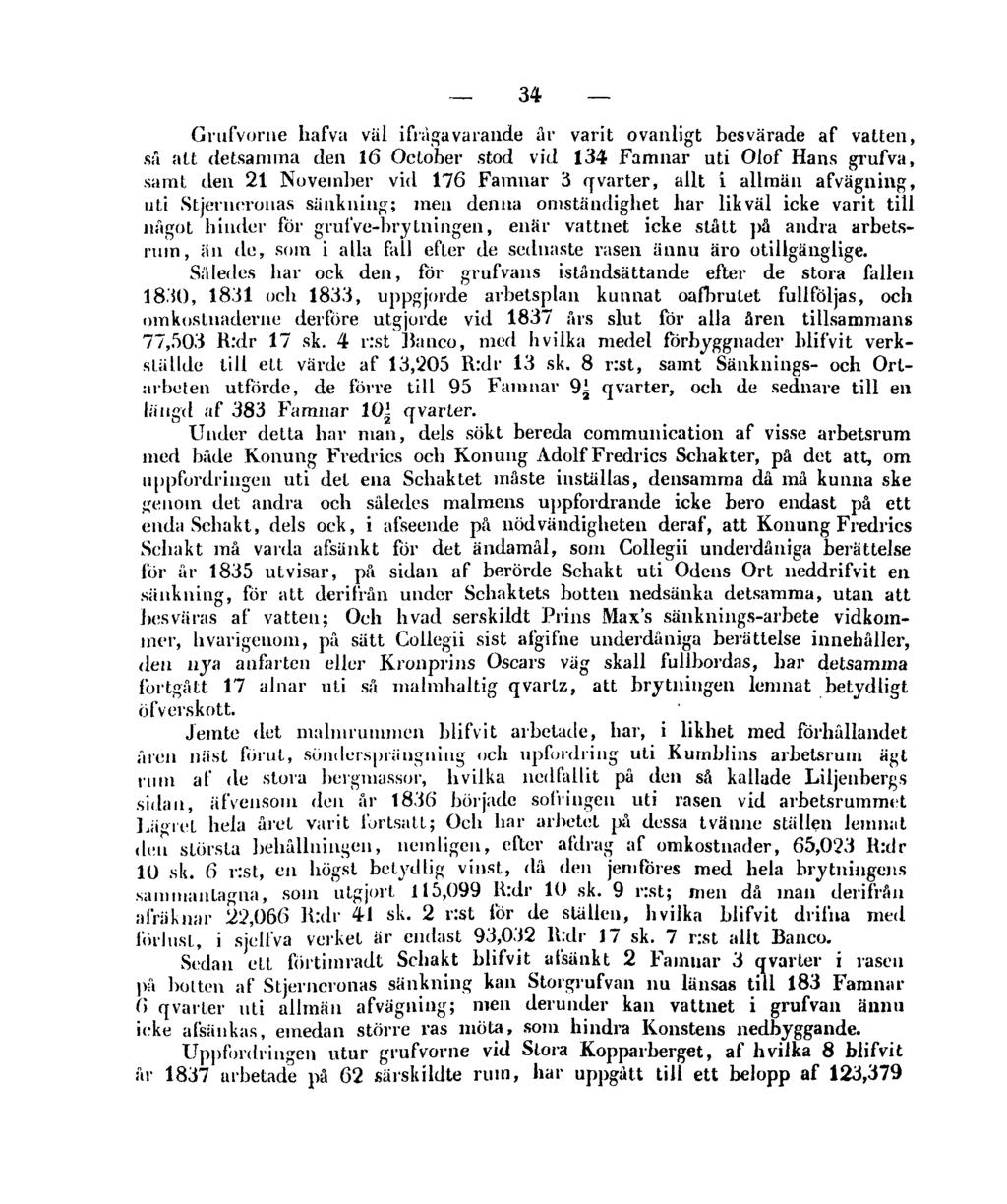 34 Grufvorne hafva väl ifrågavarande år varit ovanligt besvärade af vatten, så att detsamma den 16 October stod vid 134 Famnar uti Olof Hans grufva, samt den 21 November vid 176 Famnar 3 qvarter,