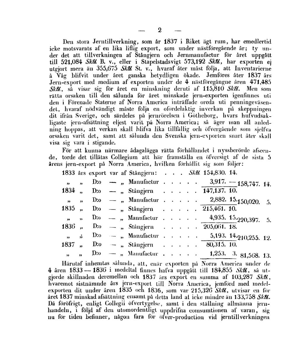 2 Den stora Jerntillverkning, som år 1837 i Riket ägt rum, har emedlertid icke motsvarats af en lika liflig export, som under nästföregående år; ty under det att tillverkningen af Stångjern och