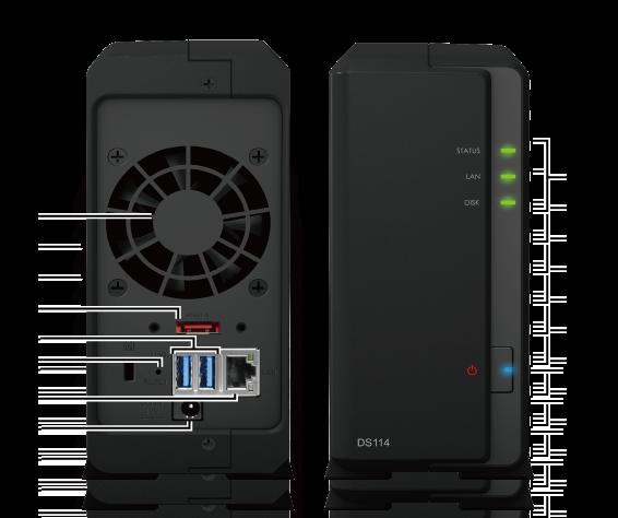 En översikt av Synology DiskStation Nr. Namn Plats Beskrivning 1) LED-indikatorer Framsida LED-indikatorn används för att visa den interna hårddiskens och systemets status.