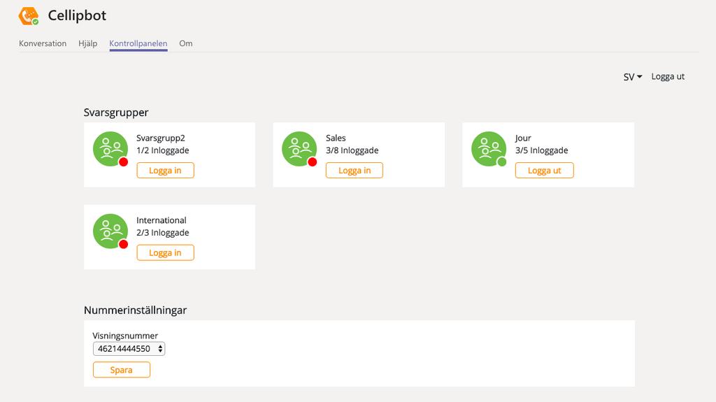 CELLIP 365 DASBOARD Välj fliken Dashboard i din CellipBot för att logga in eller ut ur Cellip 365 svarsgrupper du är medlem i eller ställ in vilket nummer du visar på utgående samtal.