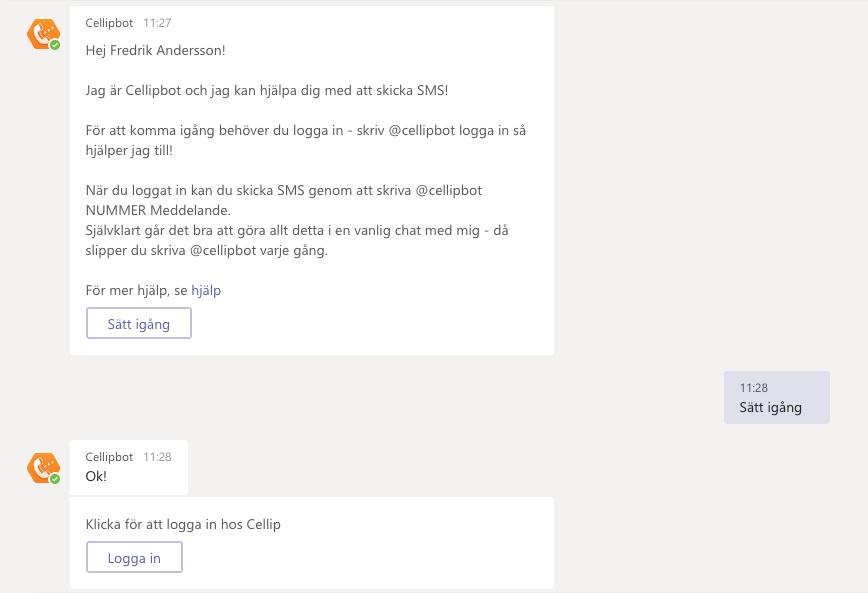 KONVERSATION MED CELLIPBOT För att börja skicka SMS eller hantera din svarsgrupps status måste du först logga in med din Cellip användare.