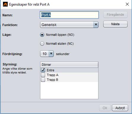 Dubbelklicka på den rad vars relä du nu vill programmera eller välj Egenskaper, så öppnas en ny dialogruta med inställningar för respektive relä. Tid innan relä skall dra. Max 60 sek.