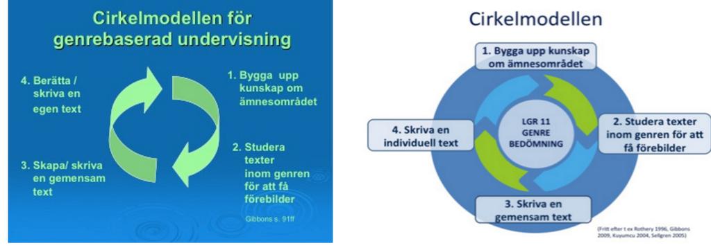 Bild 3.4.1 Cirkelmodellen 3.4.1 Fas 1. Bygga upp kunskap om fältet Cirkelmodellen handlar i slutändan om att eleverna självständigt ska kunna konstruera olika texttyper inom olika ämnen.