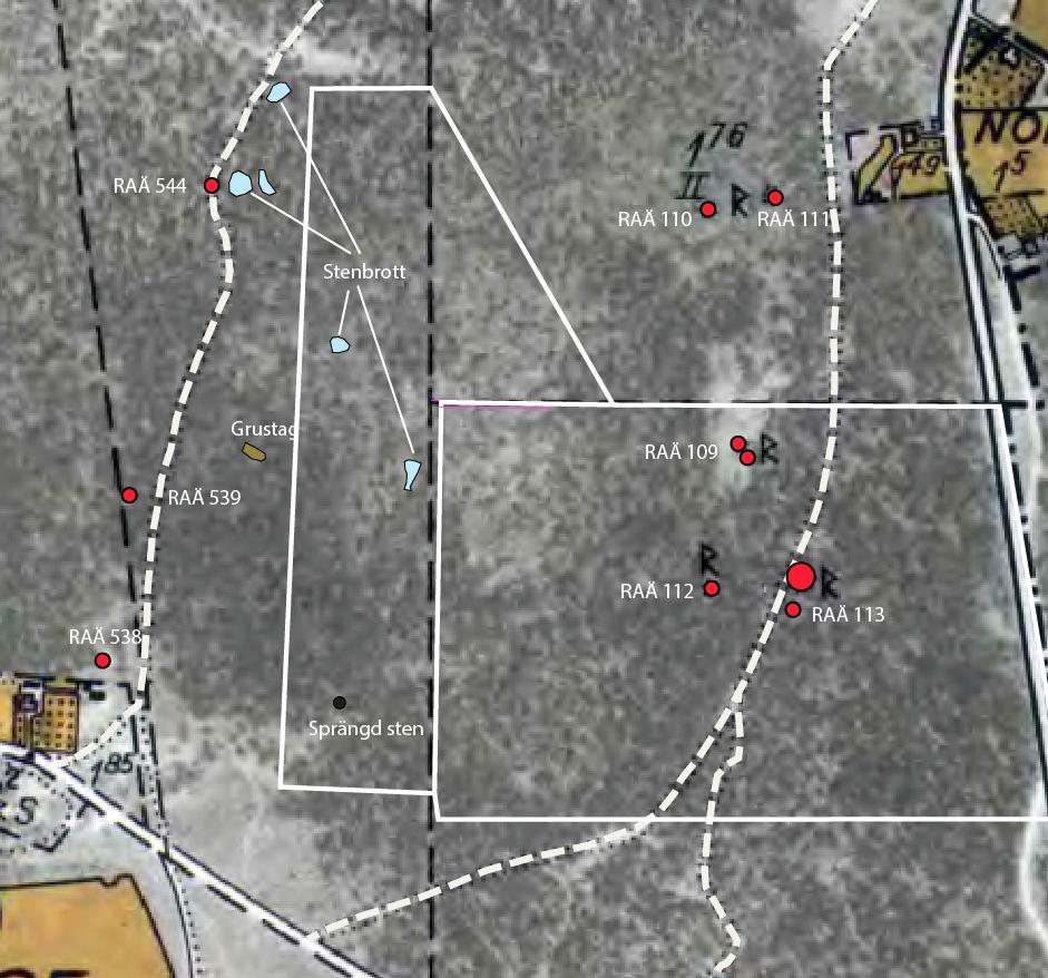 11 Undersökningsområdet och resultaten av fältinventeringen, mot bakgund av den äldre ekonomiska kartan.