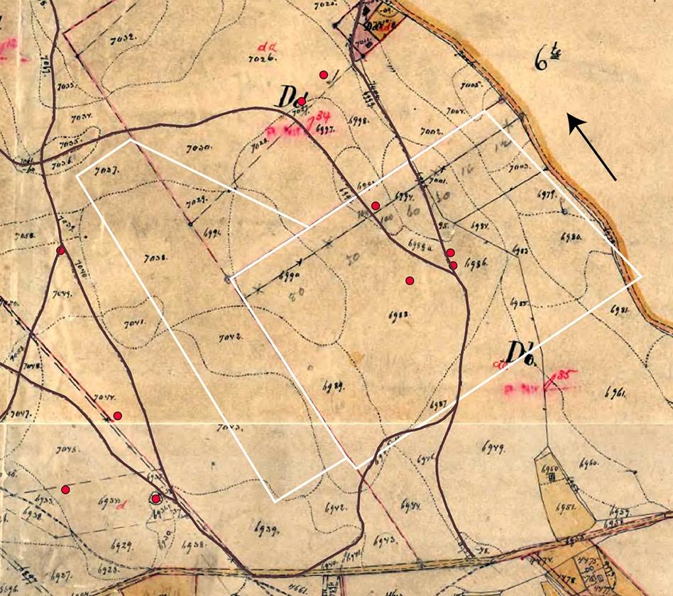9 Utdrag ur laga skifter över Lärbro, akt 09-LÄR-120, Lantmäterimyndighetens arkiv, upprättad år 1914. Brytningsområdet och området för utökning av brytningen markerade med vita linjer.