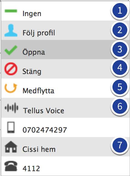 Hantera din anknytning En anknytning kan hanteras på olika sätt när en hänvisning är aktiv. I listan bredvid datum och tid kan du välja hur telefonen ska styras under tiden för hänvisningen. OBS!