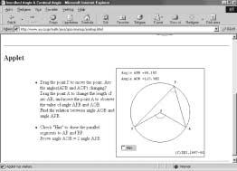 Randvinkelsatsen Undersök sambandet mellan medelpunktsvinkeln (AOB) och randvinkeln (APB) i en cirkel. Vad händer när du flyttar punkten P respektive punkten A? Vilka slutsatser kan du dra?