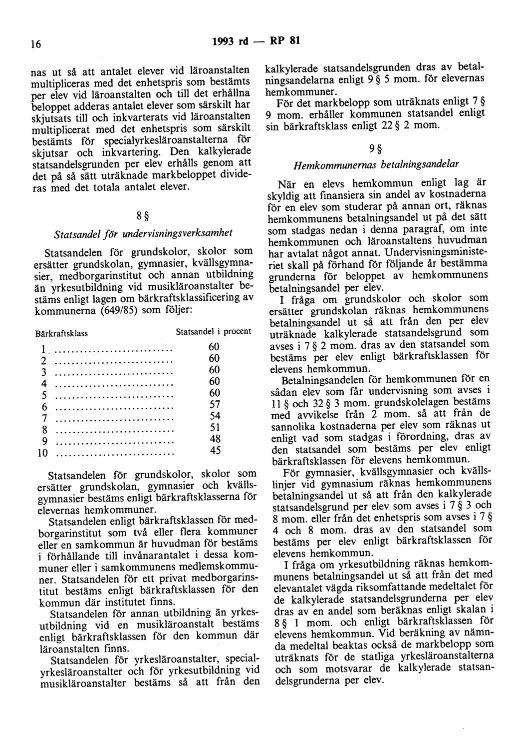 16 1993 rd - RP 81 nas ut så att antalet elever vid läroanstalten multipliceras med det enhetspris som bestämts per elev vid läroanstalten och till det erhållna beloppet adderas antalet elever som