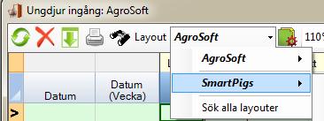 1. Gå till motsvarande menyval i WinPig.Net. I detta fall till Ungdjur Ingång. 2. Det bör finnas en layout som heter SmartPigs. Välj i så fall den.