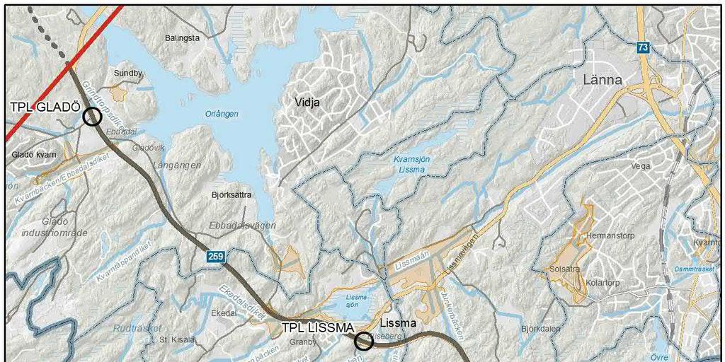 Figur 6. Sjöar, vattendrag och våtmarker i anslutning till Tvärförbindelse Södertörn inom delsträcka 3. Inom denna delsträcka finns fyra sjöar och nio vattendrag.