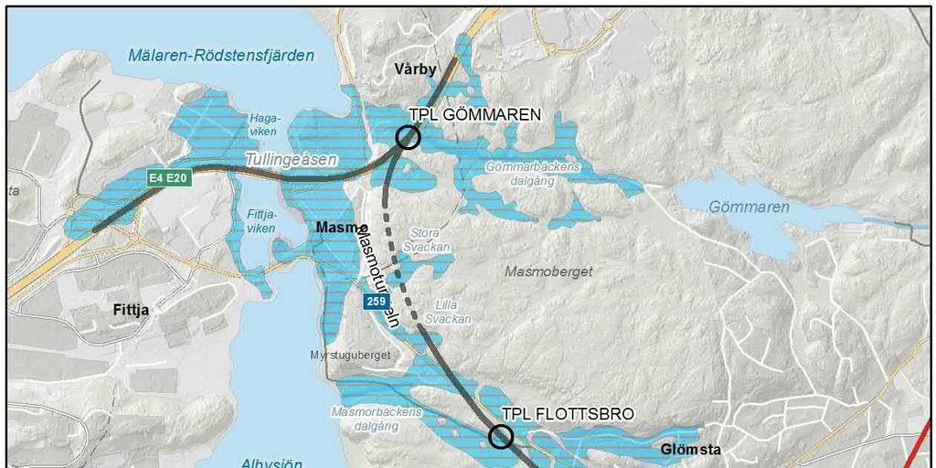 3.2.3. Delsträcka 1 Masmo - Flottsbro De hydrogeologiska förhållandena runt Masmotunneln redovisas i text i avsnitt 3.2.3.1 till 3.