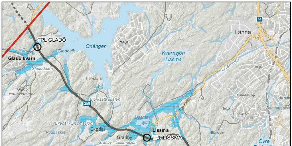 Figur 9. Grundvattenförekomster och övriga grundvattenmagasin i anslutning till vattenverksamhet på delsträcka 3, Gladö- Jordbro Västra.