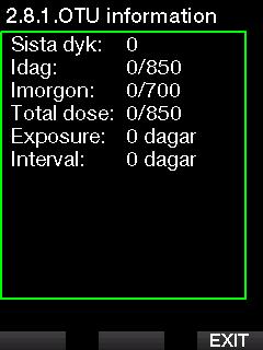 2.2.8 OTU-inställningar OTU-information (Oxygen Toxicity Unit) och -inställningar går att redigera i den här menyn.
