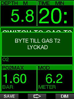 Byta tillbaka till en gasblandning med lägre syrekoncentration. Situationer kan uppstå då du måste byta tillbaka till en tank med lägre syrehalt. Detta kan inträffa om du t.ex.
