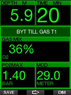Nedstigning under MOD efter ett gasbyte Om du oavsiktligt går ner under MOD för blandningen efter att du har bytt till Gas 2 aktiveras MOD-varningen omedelbart.