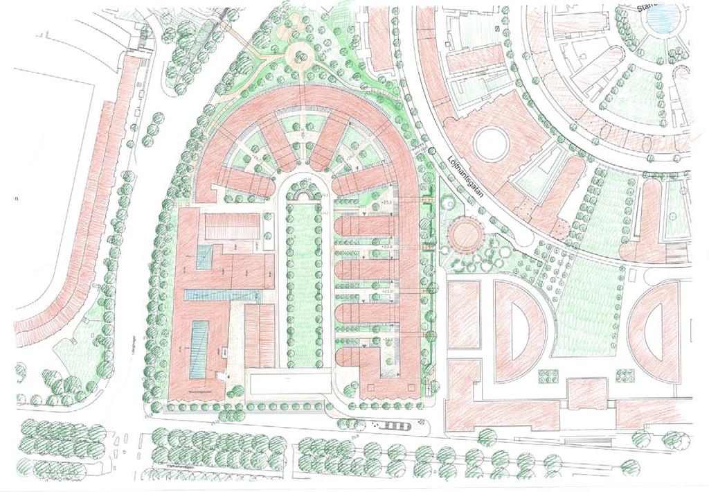 Utformning av marken Markplanering Kvarterets yttre långsidor omges av grön förgårdsmark med planterade träd, på insidan anläggs ett långsträckt parkrum med möjlighet till rekreation och samvaro