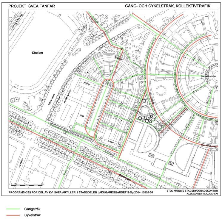 Gång- och cykelstråk samt kollektivtrafik En ny bred trappa anläggs framför kvarterets huvudaxel och är den nya generösa entrén från Valhallavägen.