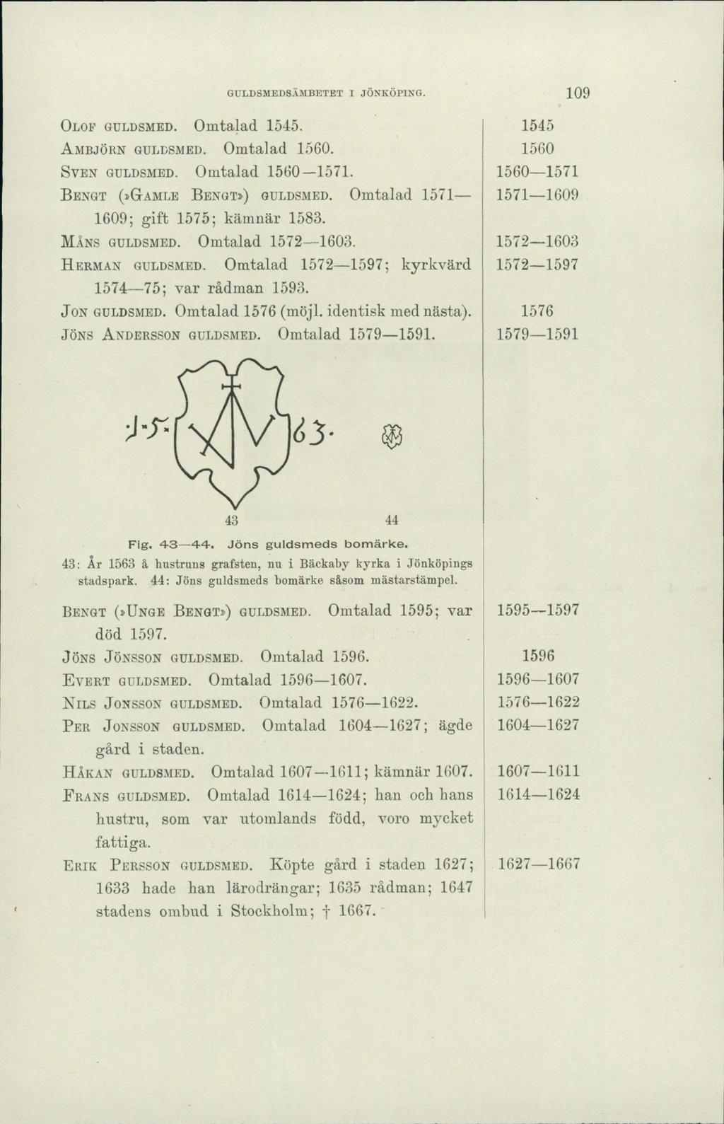 GULDSMEDSÄMBETBT I JÖNKÖPING. 109 Olof guldsmed. Omtalad 1545. Ambjörn guldsmed. Omtalad 1560. Sven guldsmed. Omtalad 1560 1571. Bengt (»Gamle Bengt») guldsmed.