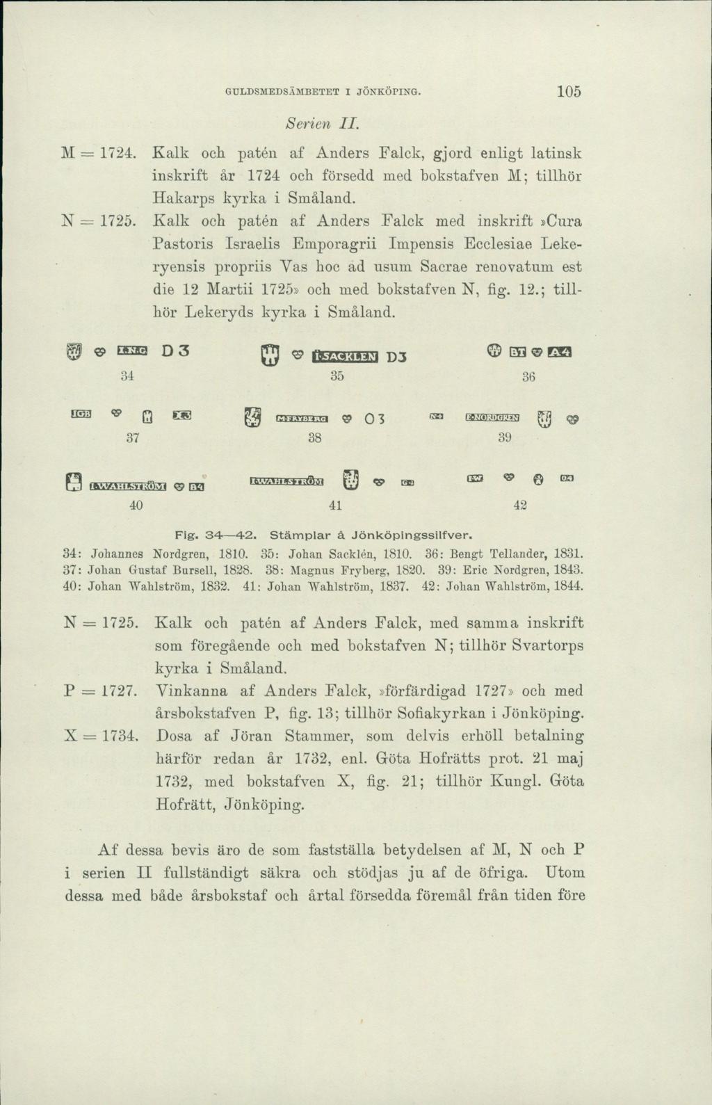 GULDSMEDSÄMBETET I JÖNKÖPING. 105 Serien II. M = 1724. Kalk och patén af Anders Falck, gjord enligt latinsk inskrift år 1724 och försedd med bokstafven M; tillhör Hakarps kyrka i Småland. N = 1725.
