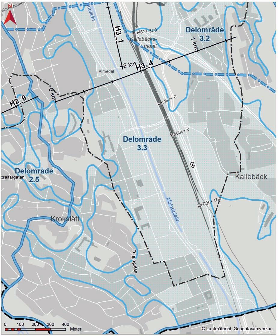 Figur 6.22 Hydrogeologisk översiktskarta över delområde 3.3 Almedal. Linjen H3_4 är en geologisk sektion i området.