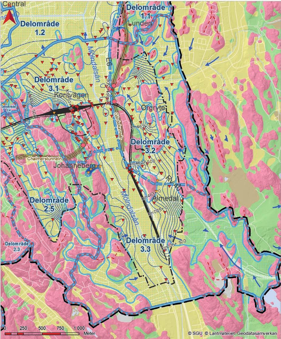 Figur 6.6 Hydrogeologisk karta med undre grundvattenmagasin i jord, vattendelare och grundvattnets flödesriktning.