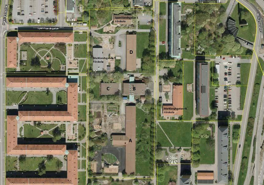 1. Inledning Skytteskolan ligger på Marklandsgatan 21 och är uppförd 1966. Skolan inryms i hus A-C medans det bedrivs daglig verksamhet i hus D, se figur 1 nedan. Figur 1. Skytteskolans byggnader.