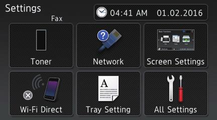 Översikt över pekskärms-lcd Relaterade modeller: HL-L8360CDW/HL-L9310CDW Från startskärmen kan du öppna skärmarna för WiFi-inställning, tonernivå, inställningar och funktioner.