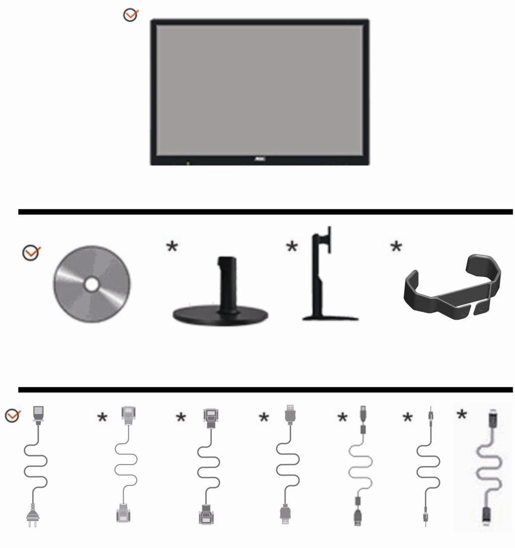 Inställning Förpackningens innehåll Nätkabel DVI kabel Analog kabel HDMI kabel USB kabel Audio kabel DP kabel Alla signalkablar (Audio, analog, DVI,
