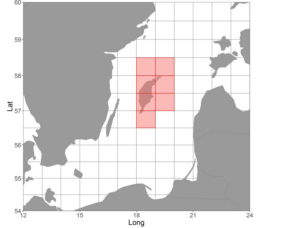 Figur 1. De röda rutorna visar det område som använts i analysen av loggboksdata. 2.
