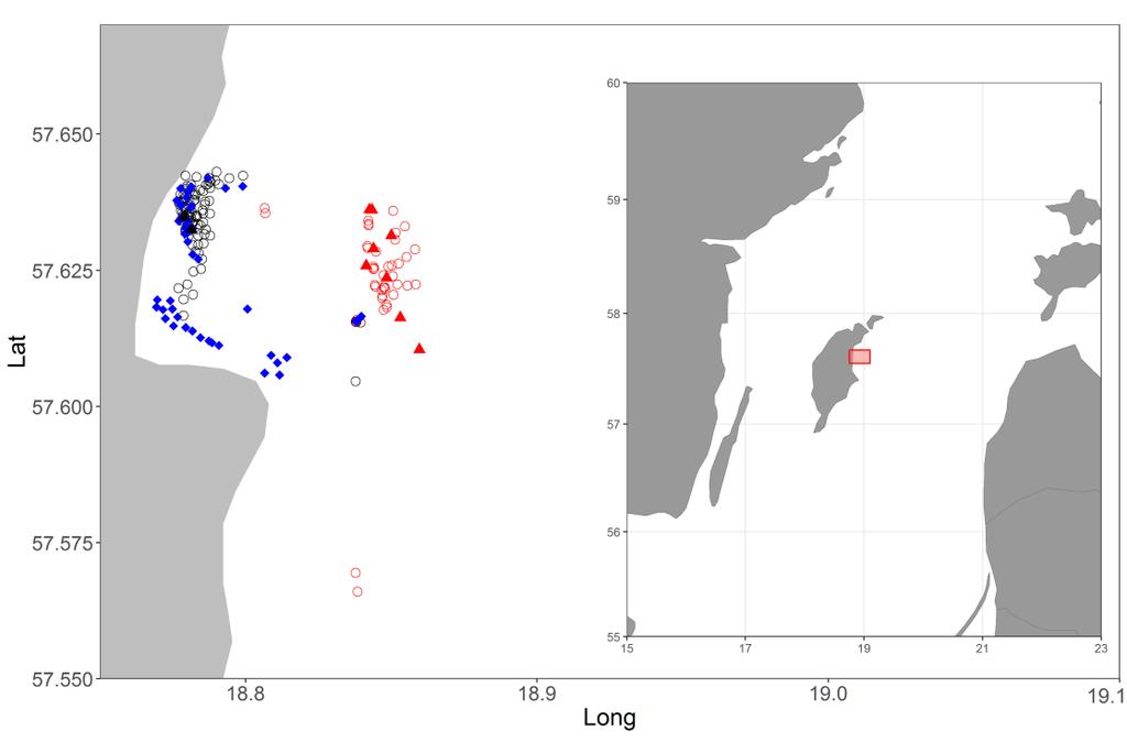 Figur 2. Kartan visar positionerna för fiske samt stimuliförsök under 2013 och 2014. Röd cirkel = burar och ryssjor 2013. Svart cirkel = burar och ryssjor 2014. Blå fyrkant = stimuliförsök 2014.
