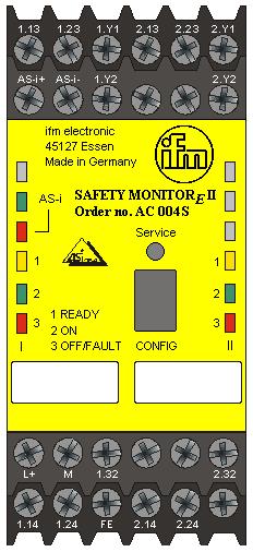 1 2 1: Service-knapp 2: RJ45-kontakt CONFIG för RS 232C-konfigurationsgränssnitt AS-i-säkerhetsmonitorn finns i fyra olika versioner som skiljer sig åt beträffande funktionsomfånget i programvaran