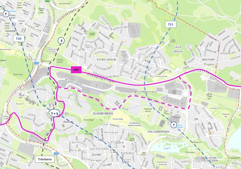 Figur 4. Linje 157 sträckning i jämförelsealternativ.