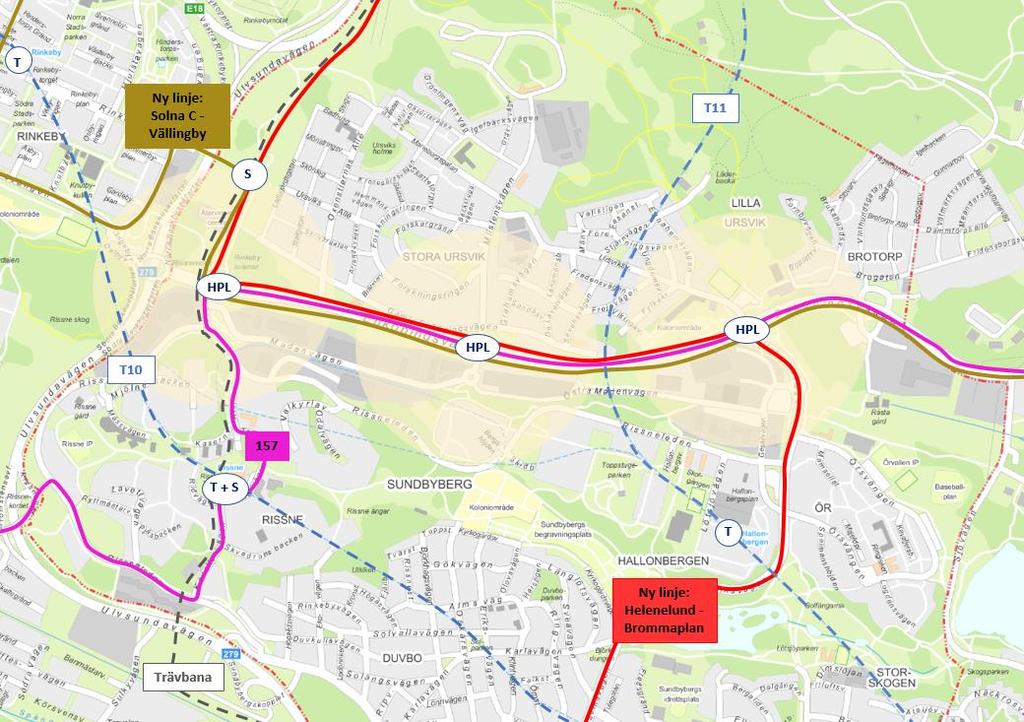 Figur 5. Tillkommande resmöjligheter med buss utöver de som finns i RUFS 2050. Tvärbanans sträckning och hållplatser är också ut markerade, liksom befintligt tunnelbanenät i området.