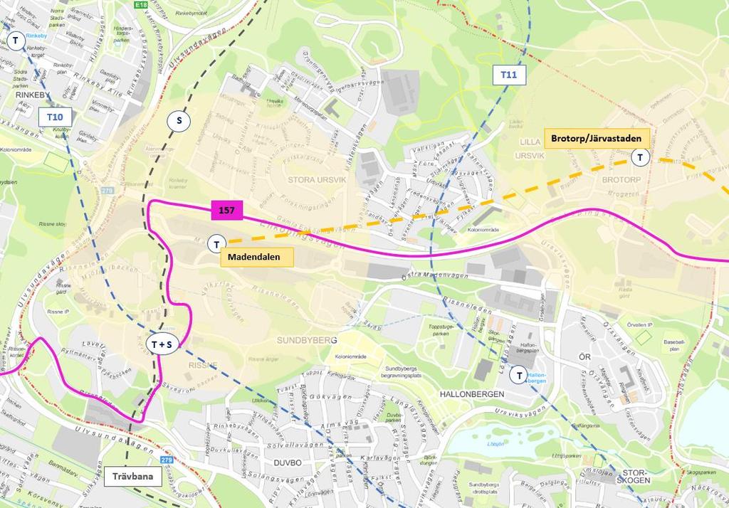 Figur 6. Tillkommande tunnelbanestationer i UA-TB_Järvastaden. Tvärbanans sträckning och hållplatser är också ut markerade, liksom befintligt tunnelbanenät i området samt linje 157 med ny sträckning.