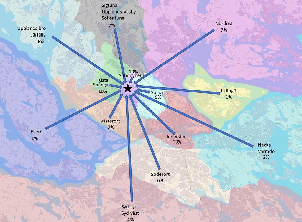 Figur 10. Startpunkter för kollektivtrafikresenärer som slutar vid Enköpingsvägen, under morgonens maxtimme. JA-hög(skön).