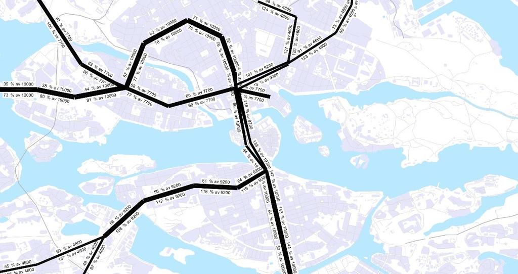 Nuläge tunnelbana 2014 Siffror i bilden: X % av Y X=Sittplatsutnyttjande Y=Antal sittplatser Figur 46.