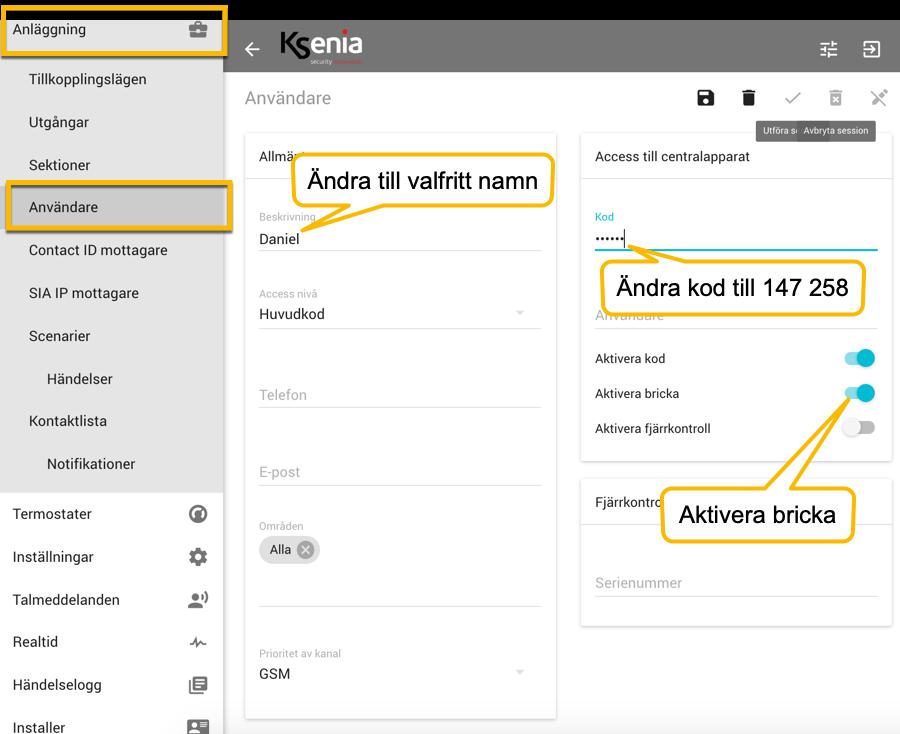 2.8 Programmera Användare Klicka på Anläggning och Användare 1.