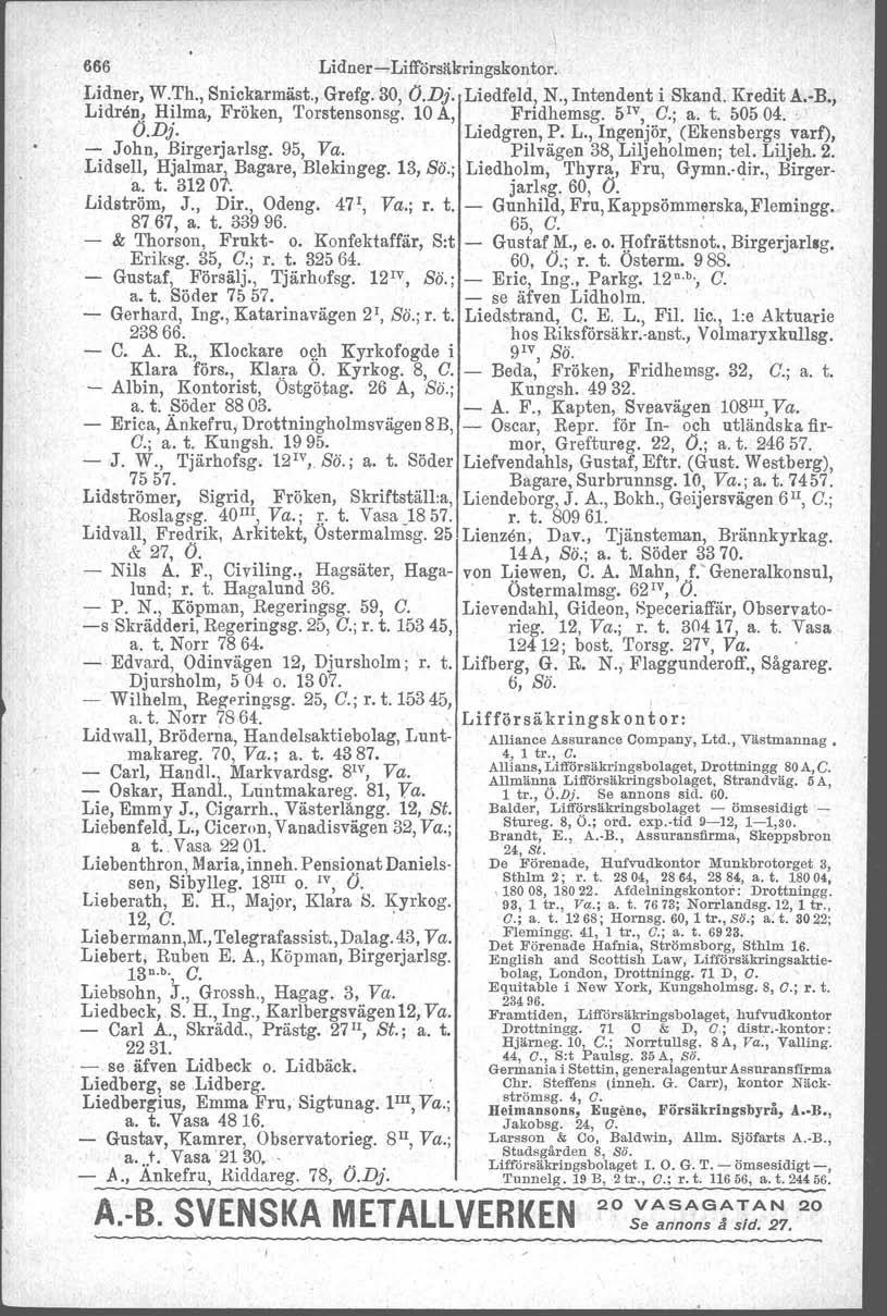 666 Lidner- Lifförsäkringskontor. Lidner, W.Th., Snickarmäst., Grefg. 30, O.Dj. Liedfeld, N., Intendent i Skand. Kredit A.-B., Lidren, Hilma, Fröken, Torstensonsg. 10 A, Fridhemsg. 5 IV, G.; a. t.