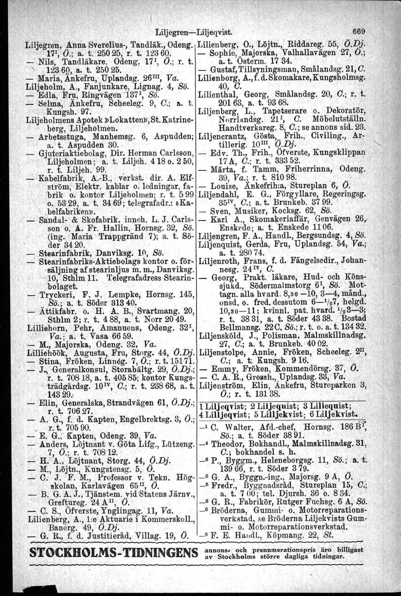 '-- ~ Liljegren-Liljeqvist. ' 669 Liljegren, Anna Sverelius-, Tandläk., Odeng. Lilienberg, O., Löjtn.,' Riddareg. 55, (j.'dj., 171, (j.; a. t~ 25025, r. t. 12360.