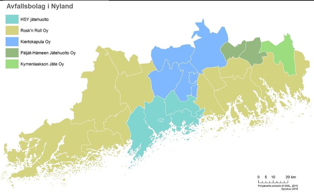 Bild 26. Avfallsbolagens verksamhetsområden i Nyland. Med några få sällsynta undantag placeras kommunalt avfall inte längre på soptippar i Nyland, utan återvinns eller utnyttjas som energi.