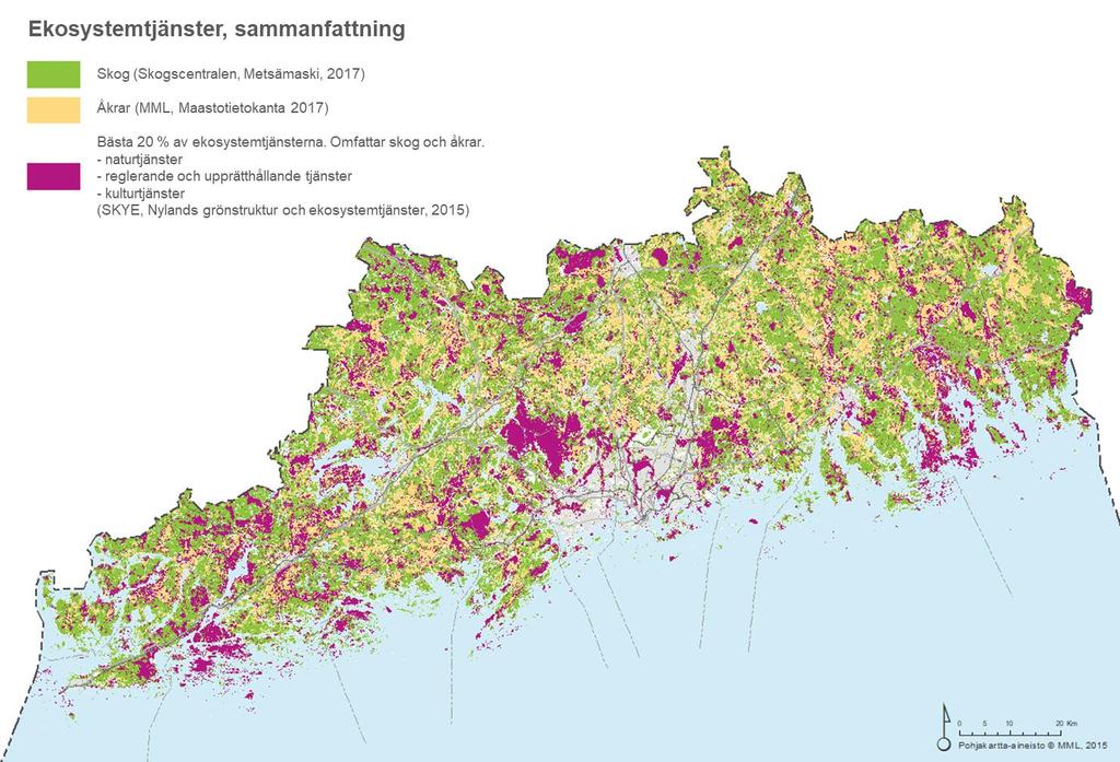 Bild 23. De bästa områdena i Nyland vad gäller markanvändning och ekosystemtjänster (Nylands grönstruktur och ekosystemtjänster 2015, Nylands förbund).
