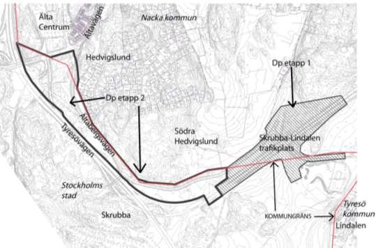 Bilden visar planområde för Ältabergsvägen som delats upp i två områden.