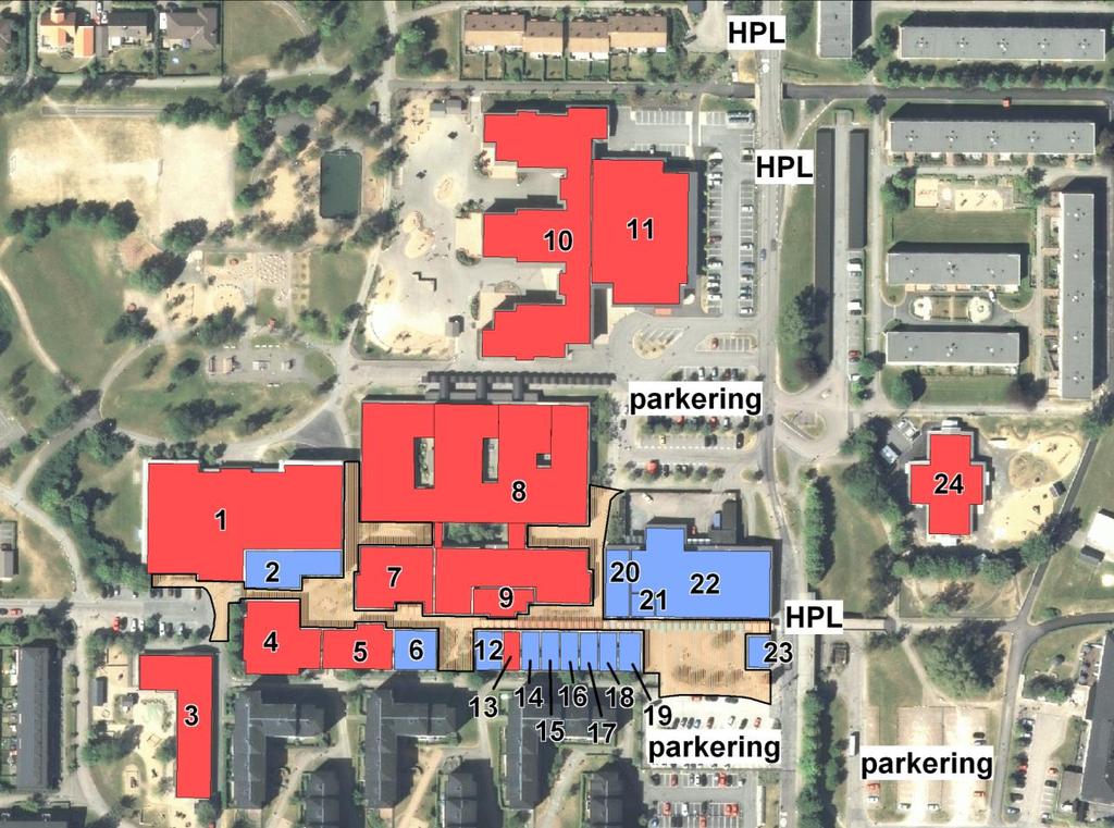 Verksamheter i Kärra Centrum 1 Sim- och idrottshall 2 Fotvård 3 Förskola 4 Folktandvård 5 Stadsdelsförvaltningen/förskola 6 Apotek 7 Bibliotek 8 Skola 9 Fritidsgård 10 Skola 11 Idrottshall 12