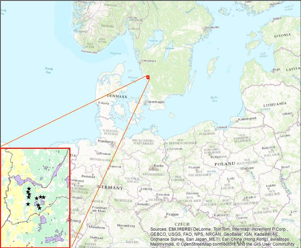 3.2. Material och metoder Områdesbeskrivning Undersökningen gjordes med utgångspunkt i Askome vindpark i Falkenbergs kommun (57 00 N, 12 40 E; figur 2.